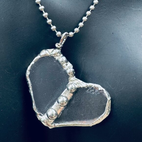 Handcrafted Stained Glass Heart Pendant w/ Silver Blend Metalwork SS Ball Chain - Picture 3 of 11